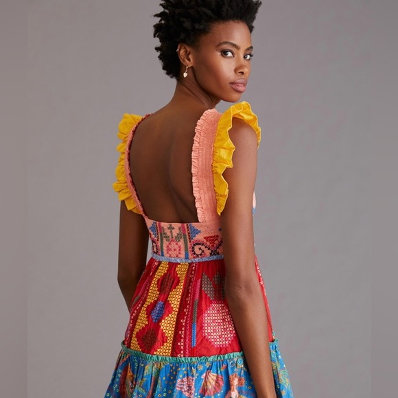 FARM Rio Color Blocking Pineapple Embroidered Tiered Mini Dress Red Size M - Picture 4 of 15